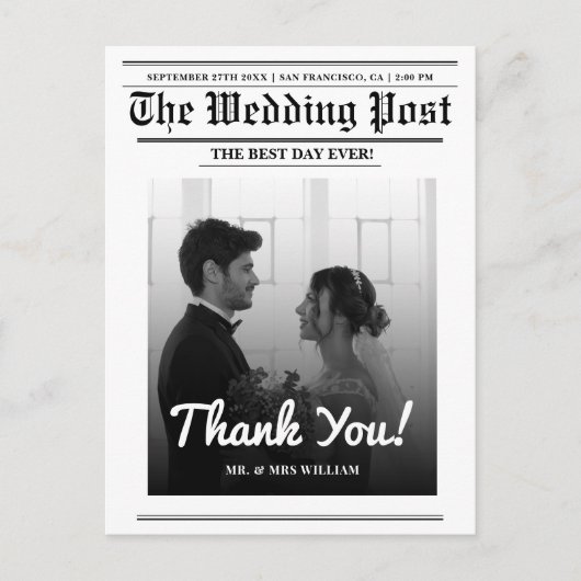 Carte Postale Mariage de journal unique moderne élégant Merci (Devant)