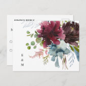 Carte Postale Mariage de l'aquarelle bleu-bleu bordeaux RSVP (Devant / Derrière)