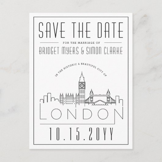 Carte Postale Mariage de Londres | Skyline stylisée Enregistrer  (Devant)