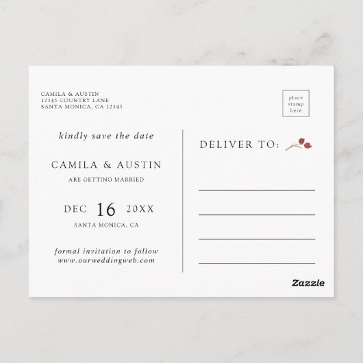 Carte Postale Mariage de Noël Botanique Photo Enregistrer La Dat (Dos)