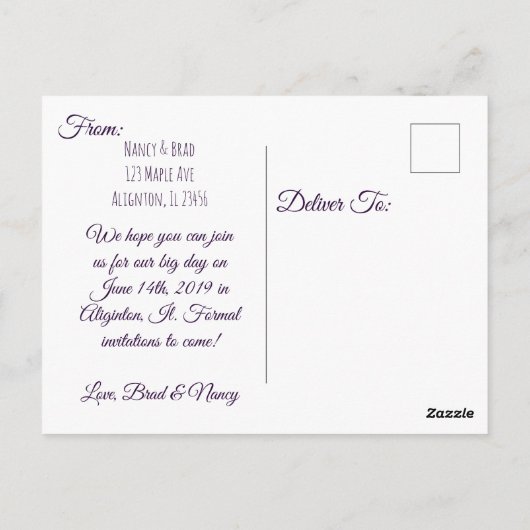 Carte Postale Mariage de Petunia violet Enregistrer la date (Dos)