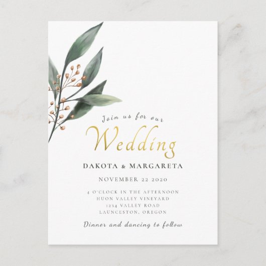 Carte Postale Mariage de script d'or feuille d'eucalypse aquarel (Devant)