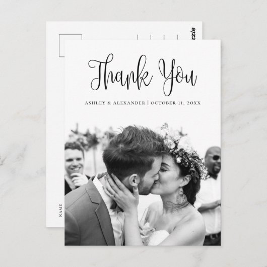 Carte Postale Mariage de script moderne noir et blanc merci (Devant / Derrière)