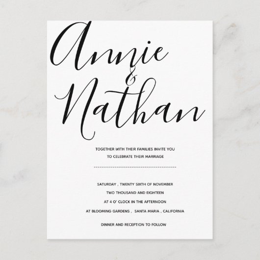 Carte postale Mariage de script noir et blanc (Devant)