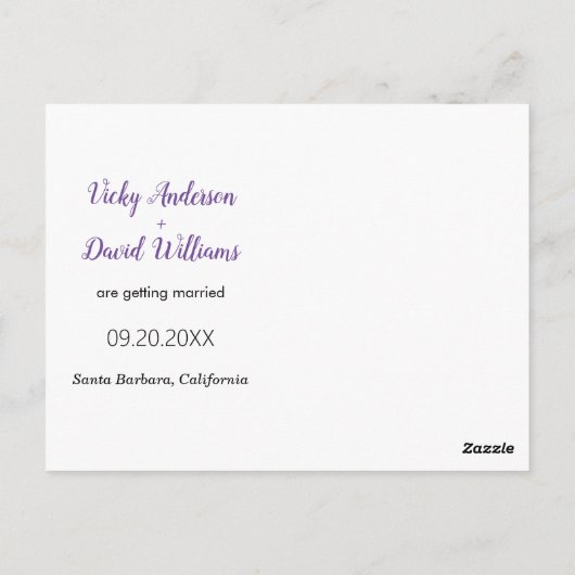 Carte Postale Mariage de script violet moderne Enregistrer la ph (Dos)