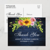 Carte Postale Mariage de tournesol en bois bleu rustique Merci (Devant / Derrière)