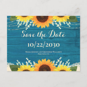 Carte Postale Mariage de tournesol en bois Turquoise rustique En