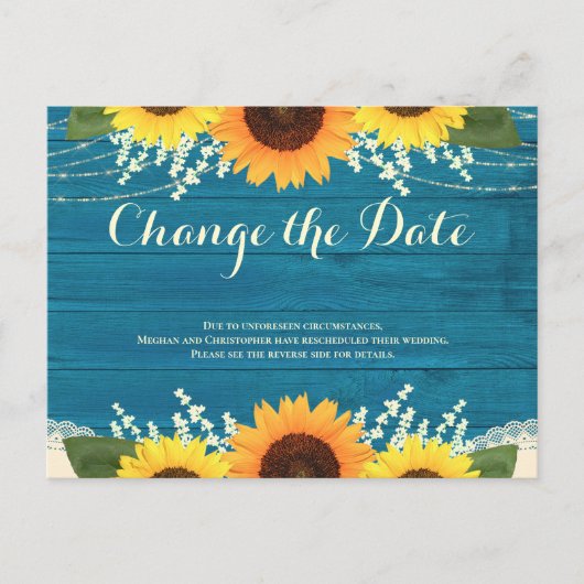 Carte Postale Mariage de tournesol en bois Turquoise rustique Mo (Devant)