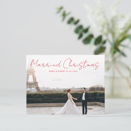 Carte Postale mariage de vacances en script rouge faire-part (Debout devant)