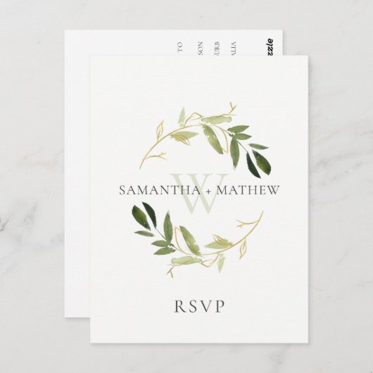 CARTE POSTALE MARIAGE D'EAU EN FOLIAGE VERT OR RSVP (Devant / Derrière)