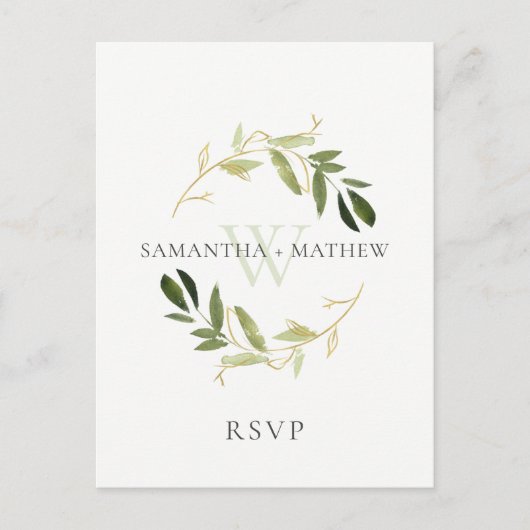 CARTE POSTALE MARIAGE D'EAU EN FOLIAGE VERT OR RSVP (Devant)