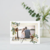 Carte Postale Mariage d'hiver Roses blanches Or Dusty Bleu (Debout devant)
