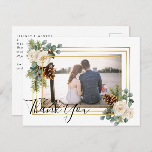 Carte Postale Mariage d'hiver Roses blanches Or Dusty Bleu (Devant / Derrière)