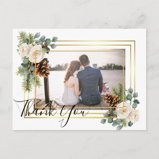 Carte Postale Mariage d'hiver Roses blanches Or Dusty Bleu (Devant)