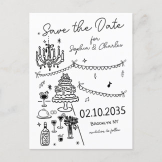 Carte Postale Mariage d'illustration noir dessiné à la main luna