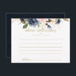 Carte Postale Mariage d'or floral Blush Navy<br><div class="desc">Cette carte de conseil aux mariages d'or floral bleu marine est parfaite pour un mariage rustique. Le design se compose de belles peintes à la main bleu foncé, bleu, bleu marine, rose, rousse, fleurs dorées et feuillage vert. Ces cartes sont parfaites pour un mariage, une douche nuptiale, un baby shower,...</div>