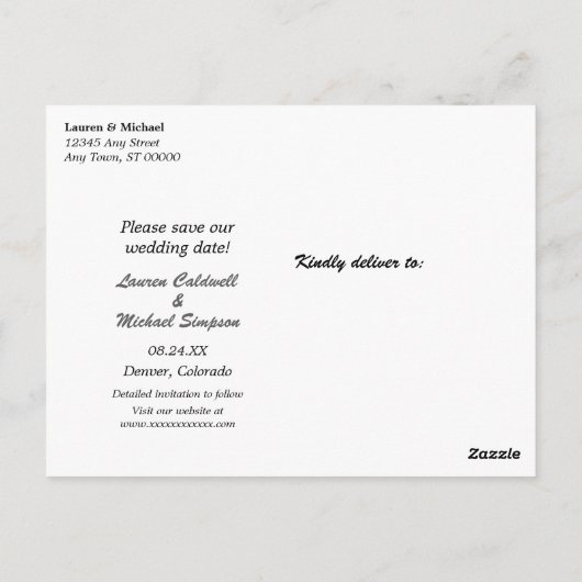 Carte Postale Mariage Économisez la Date Moderne Écriture au Pin (Dos)