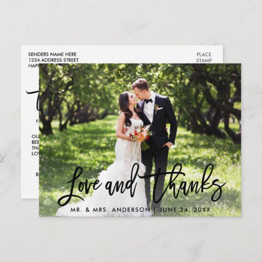 Carte Postale Mariage Écriture Pinceau Moderne Amour et Remercie (Devant / Derrière)