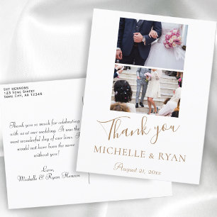Carte Postale Mariage élégant écriture dorée 2 Photos Merci