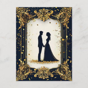 Carte Postale Mariage élégant en silhouette avec cadre doré orné