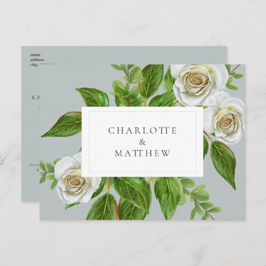 Carte Postale Mariage Élégant Rose Blanche et Feuillage Site Web (Devant / Derrière)