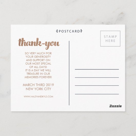 Carte postale Mariage en bronze - Script de Merci (Dos)