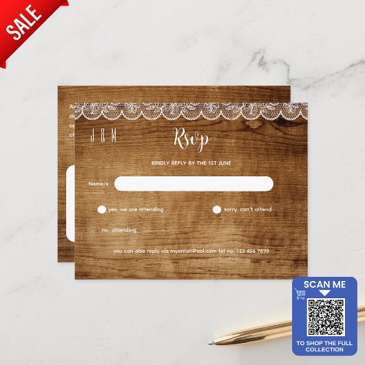Carte Postale Mariage en dentelle blanche rustique RSVP - Jeu de