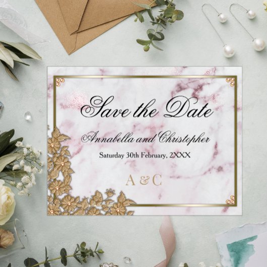 Carte Postale Mariage en marbre rose et perle Enregistrer la dat