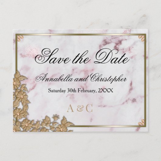 Carte Postale Mariage en marbre rose et perle Enregistrer la dat (Devant)