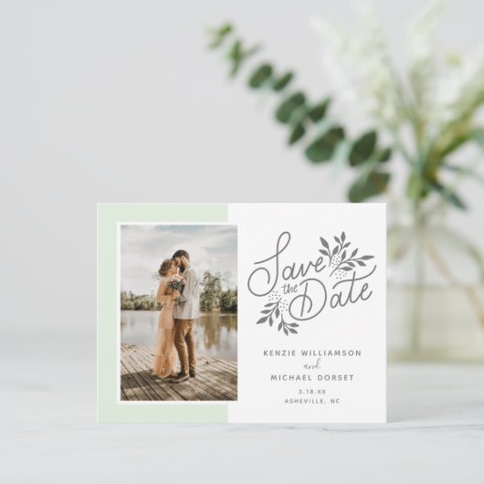 Carte Postale Mariage Enregistrer la date Script photo Botanical (Debout devant)