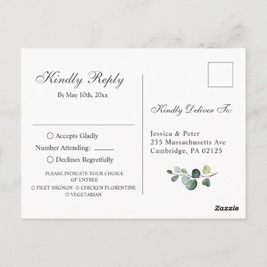 Carte Postale Mariage Eucalyptus Verdure RSVP avec choix de repa (Dos)