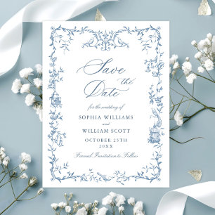 Carte Postale Mariage Fleur Bleu Victorien Enregistrer la Date