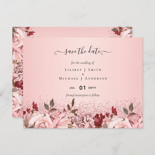 Carte Postale Mariage Fleur Rose Gold Bourgogne (Devant / Derrière)
