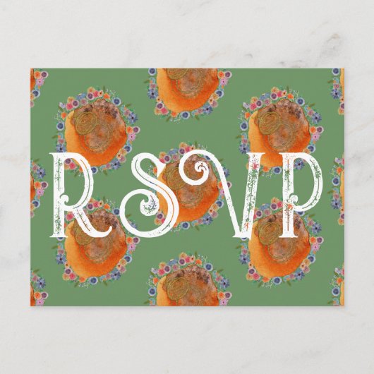 Carte Postale Mariage Fleur sauvage unique en couleur verte RSVP (Devant)