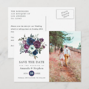 Carte Postale Mariage Fleuris prune et bleu marine