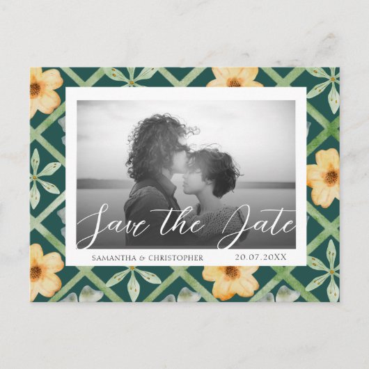 Carte Postale Mariage Fleurs Rétro Émeraude Enregistrer la Date (Devant)