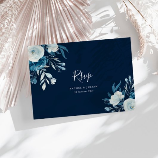 Carte Postale Mariage floral bleu aquarelle RSVP