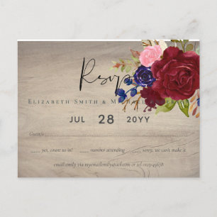 Carte Postale Mariage Floral bleu Bourgogne rustique RSVP