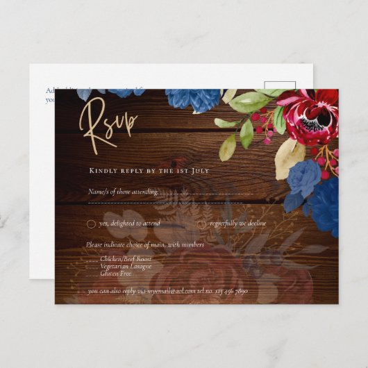 Carte Postale Mariage Floral bleu Bourgogne rustique RSVP (Devant / Derrière)