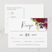 Carte Postale Mariage Floral bleu Bourgogne rustique RSVP (Devant / Derrière)