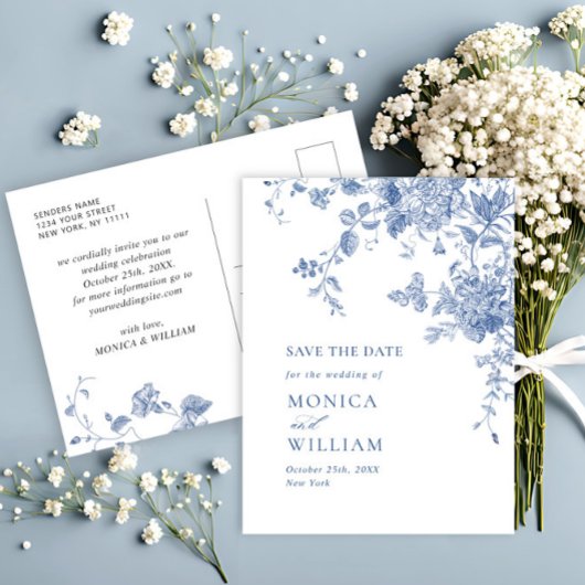 Carte Postale Mariage Floral Bleu Dusty victorien Enregistrer la