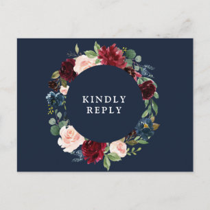 Carte Postale Mariage floral Bourgogne et marine RSVP