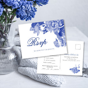 Carte Postale Mariage floral classique bleu et blanc
