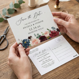 Carte Postale Mariage floral de la Marine Rouge Bourgogne Enregi