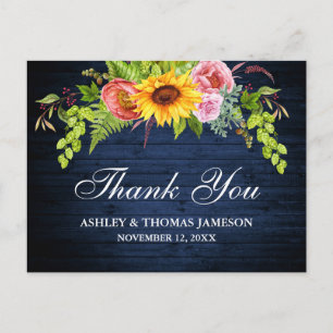 Carte Postale Mariage Floral de Tournesol en Bois Bleu Rustique