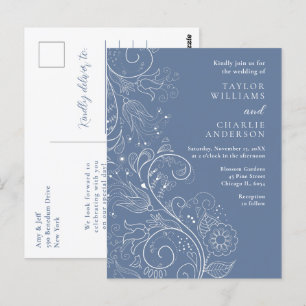 Carte Postale Mariage Floral Élégant Bleu Poussiéreux