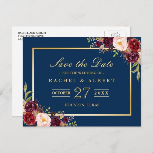 Carte Postale Mariage Floral en or de Marsala Bourgogne Enregist (Devant / Derrière)