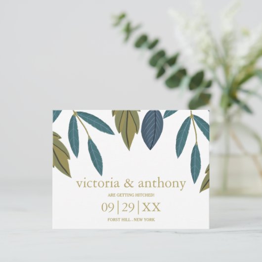 Carte Postale Mariage Floral Feuille Rustique Enregistrer La Dat (Debout devant)