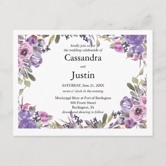 Carte Postale Mariage floral pourpre Inviter (Devant)