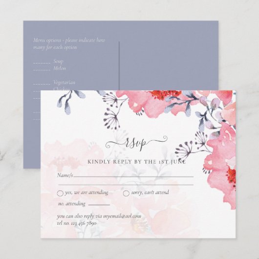 Carte Postale Mariage Floral Rose Poussiéreux Bleu Économique (Devant / Derrière)